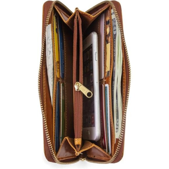 Womens Leather RFID Zip Around Wallet Clutch With Wristlet Strap - Picture 2 of 6